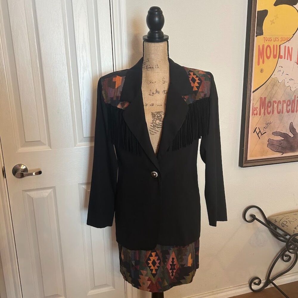 Vintage Columbus Avenue Southwestern Tapestry Fringe Blazer & Skirt Suit Set | M